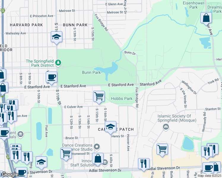 map of restaurants, bars, coffee shops, grocery stores, and more near 1612 East Stanford Avenue in Springfield