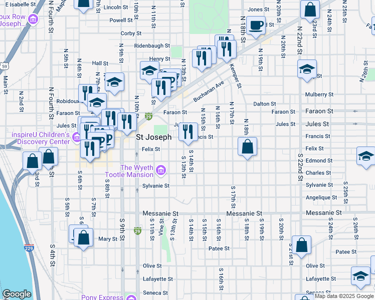 map of restaurants, bars, coffee shops, grocery stores, and more near 1304 1/2 Felix Street in Saint Joseph