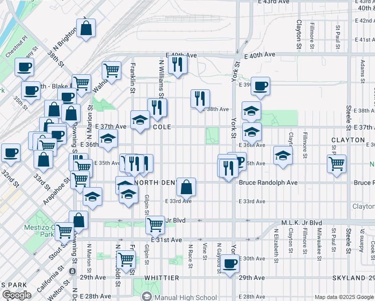 map of restaurants, bars, coffee shops, grocery stores, and more near 3545 Race Street in Denver
