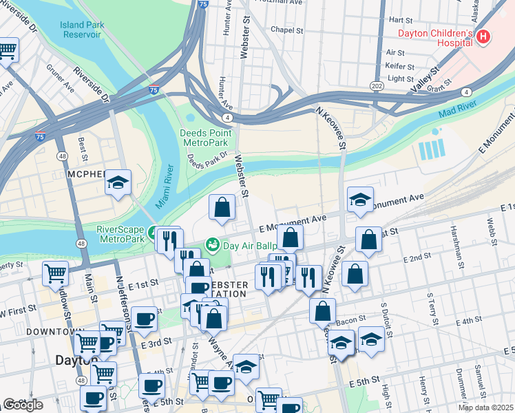map of restaurants, bars, coffee shops, grocery stores, and more near 241 Taylor Street in Dayton