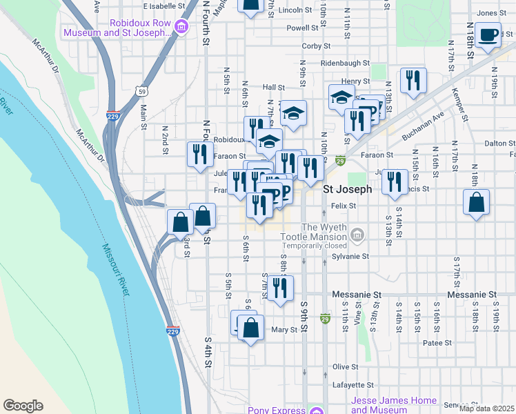 map of restaurants, bars, coffee shops, grocery stores, and more near 624 Felix Street in Saint Joseph