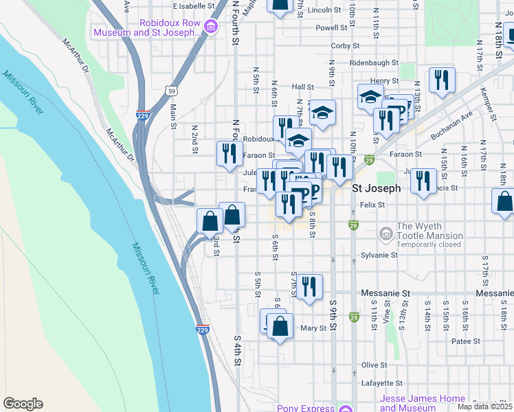 map of restaurants, bars, coffee shops, grocery stores, and more near Felix St & N 5th St in Saint Joseph