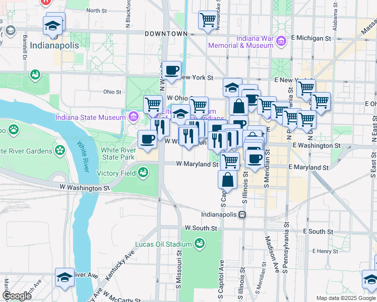 map of restaurants, bars, coffee shops, grocery stores, and more near 350 West Maryland Street in Indianapolis