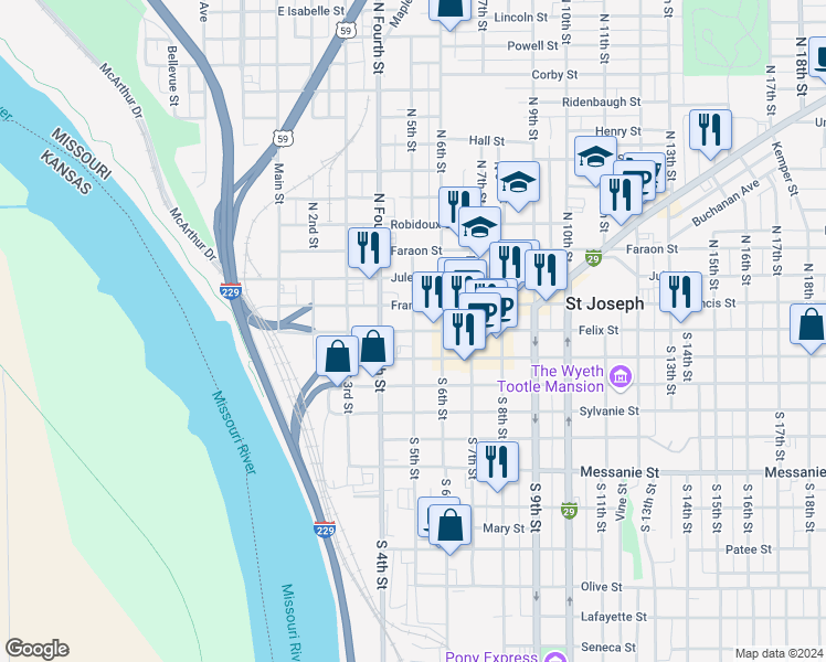 map of restaurants, bars, coffee shops, grocery stores, and more near Felix St & N 5th St in Saint Joseph