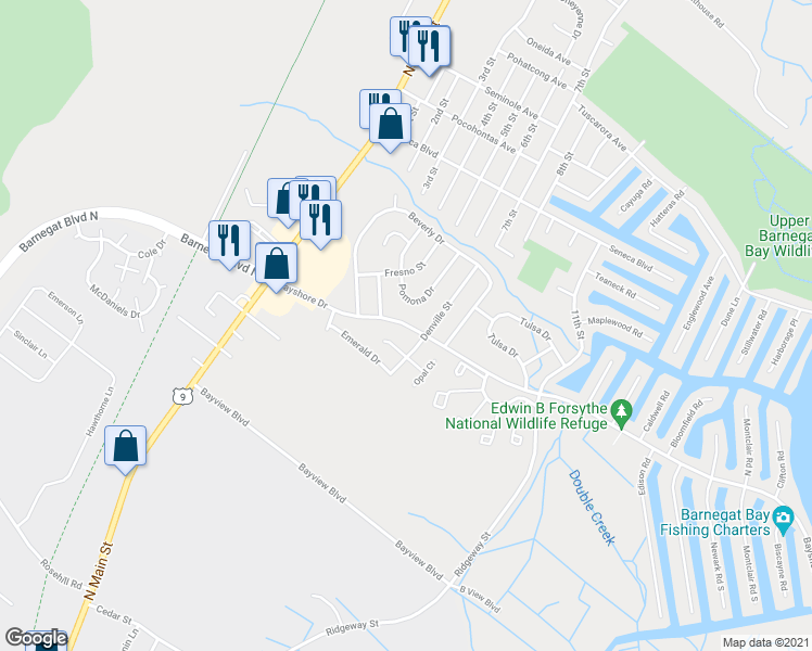 map of restaurants, bars, coffee shops, grocery stores, and more near 154 Bayshore Drive in Barnegat Township
