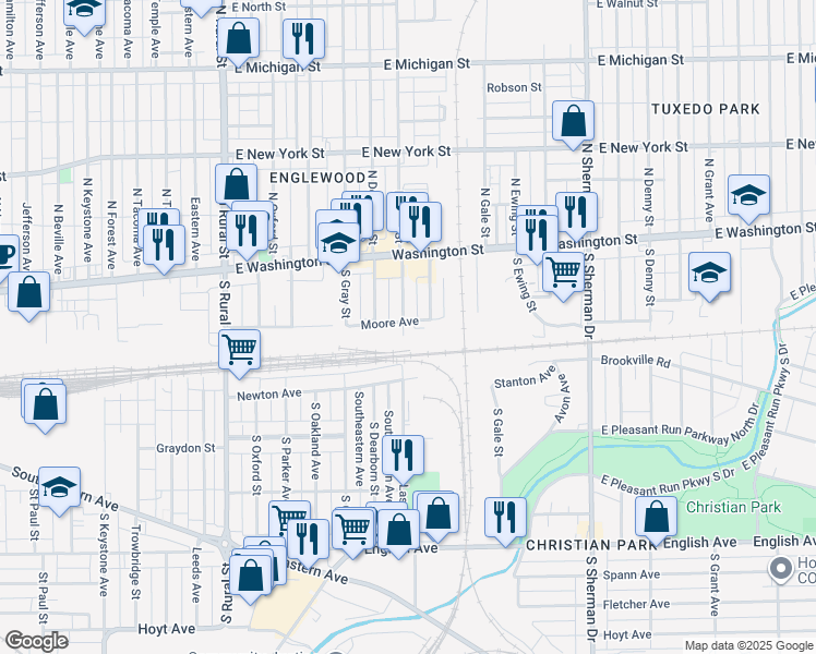 map of restaurants, bars, coffee shops, grocery stores, and more near 3301 Moore Avenue in Indianapolis