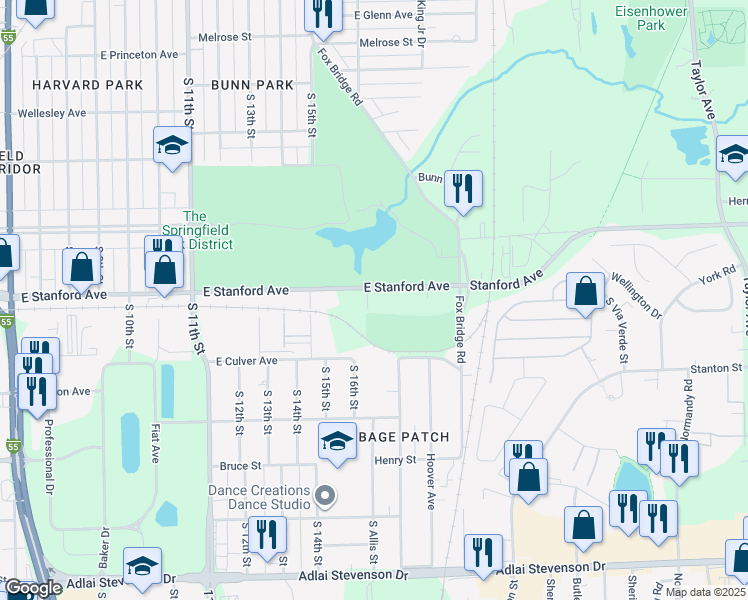 map of restaurants, bars, coffee shops, grocery stores, and more near 1612 East Stanford Avenue in Springfield
