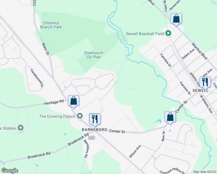map of restaurants, bars, coffee shops, grocery stores, and more near 49 Deerfield Circle in Mantua Township