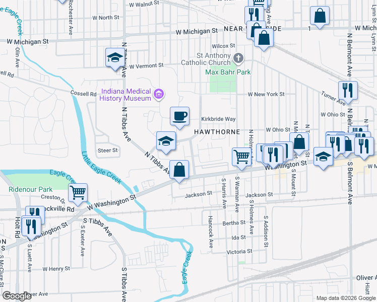 map of restaurants, bars, coffee shops, grocery stores, and more near 52 Central Greens Boulevard in Indianapolis