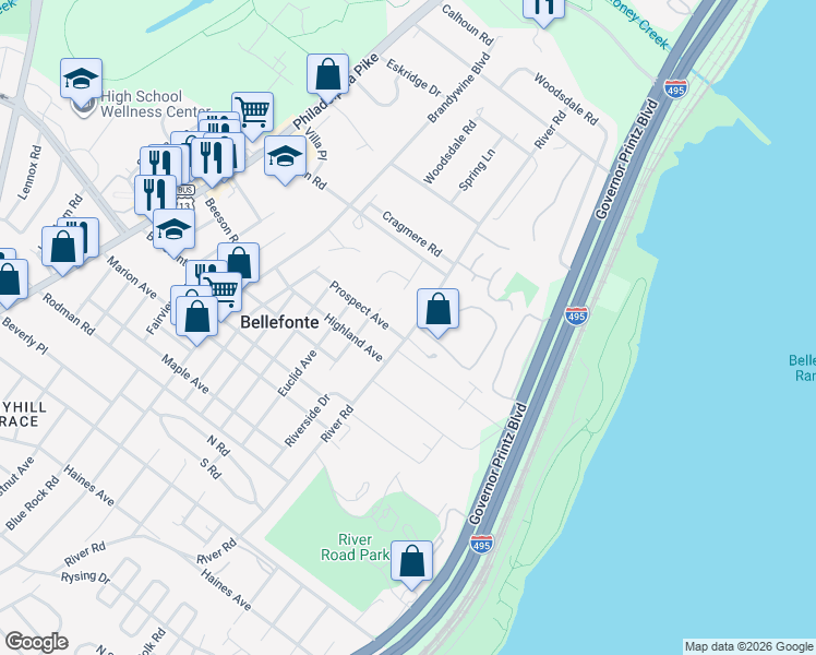 map of restaurants, bars, coffee shops, grocery stores, and more near 1303 River Road in Wilmington