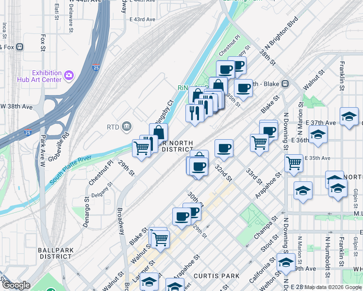 map of restaurants, bars, coffee shops, grocery stores, and more near 3120 Brighton Boulevard in Denver