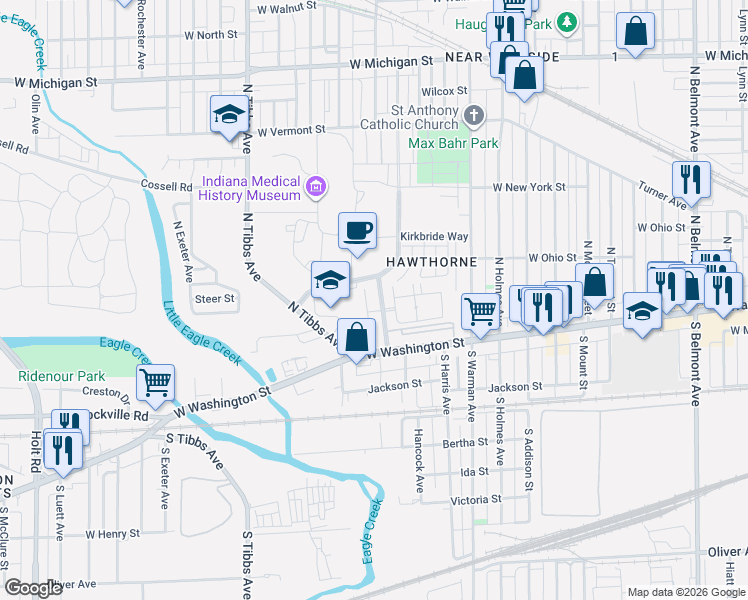 map of restaurants, bars, coffee shops, grocery stores, and more near 52 Central Greens Boulevard in Indianapolis