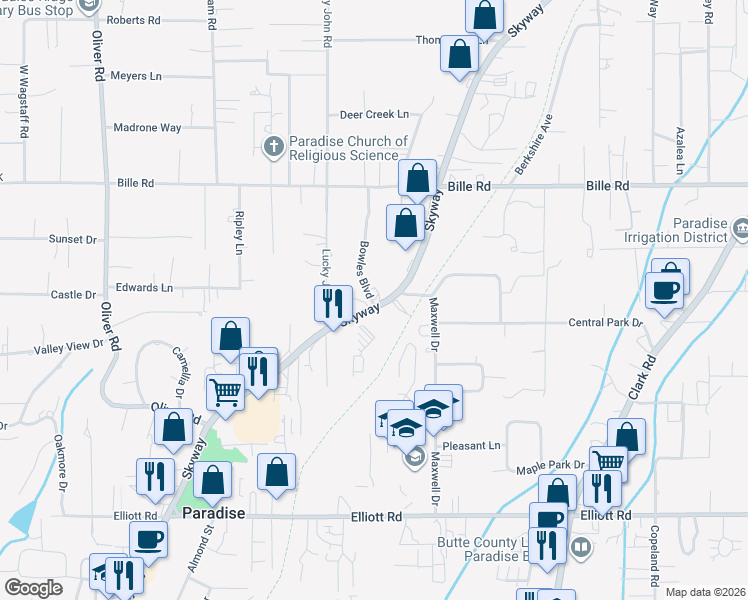 map of restaurants, bars, coffee shops, grocery stores, and more near 7321 Skyway Road in Paradise