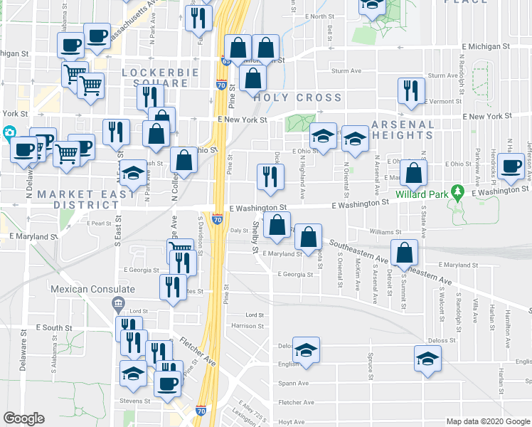 map of restaurants, bars, coffee shops, grocery stores, and more near 1017e East Washington Street in Indianapolis