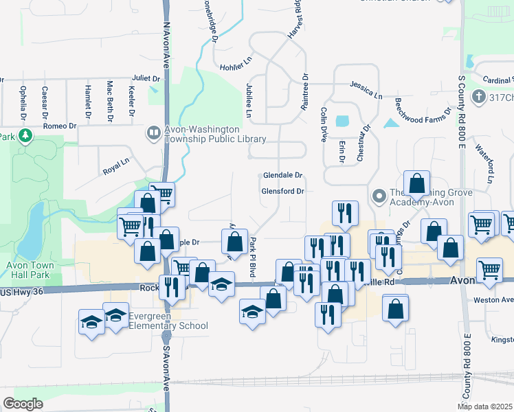 map of restaurants, bars, coffee shops, grocery stores, and more near 274 Glendale Court in Avon