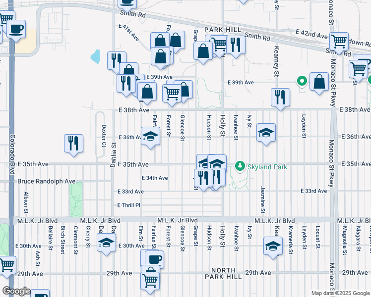 map of restaurants, bars, coffee shops, grocery stores, and more near 3545 Grape Street in Denver