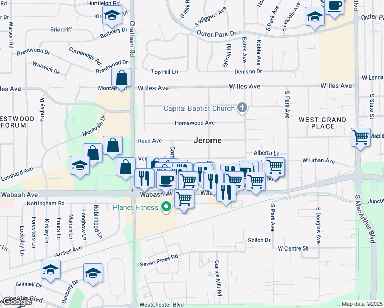 map of restaurants, bars, coffee shops, grocery stores, and more near 1617 Vernon Avenue in Jerome