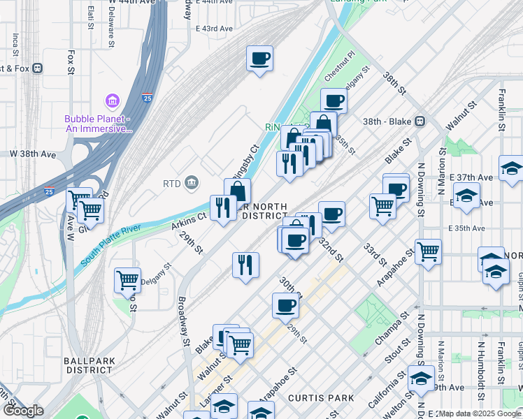 map of restaurants, bars, coffee shops, grocery stores, and more near 3100 Brighton Boulevard in Denver