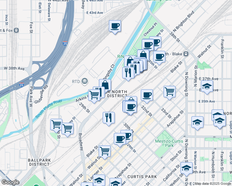 map of restaurants, bars, coffee shops, grocery stores, and more near 3100 Brighton Boulevard in Denver