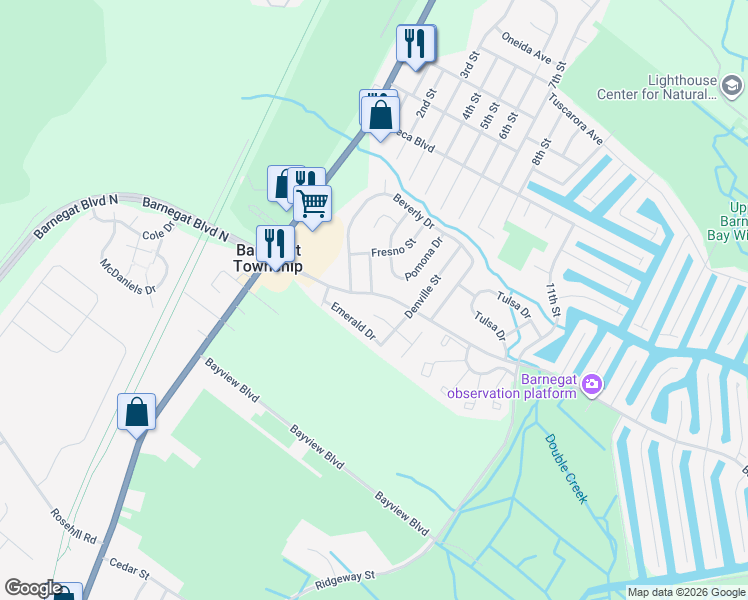 map of restaurants, bars, coffee shops, grocery stores, and more near 144 Bayshore Drive in Barnegat Township