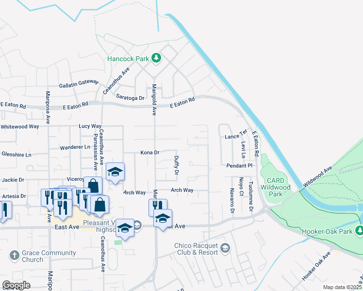 map of restaurants, bars, coffee shops, grocery stores, and more near 20 Harkness Court in Chico