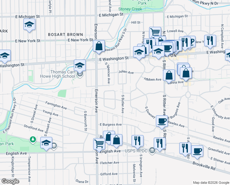 map of restaurants, bars, coffee shops, grocery stores, and more near 5157 Atherton North Drive in Indianapolis
