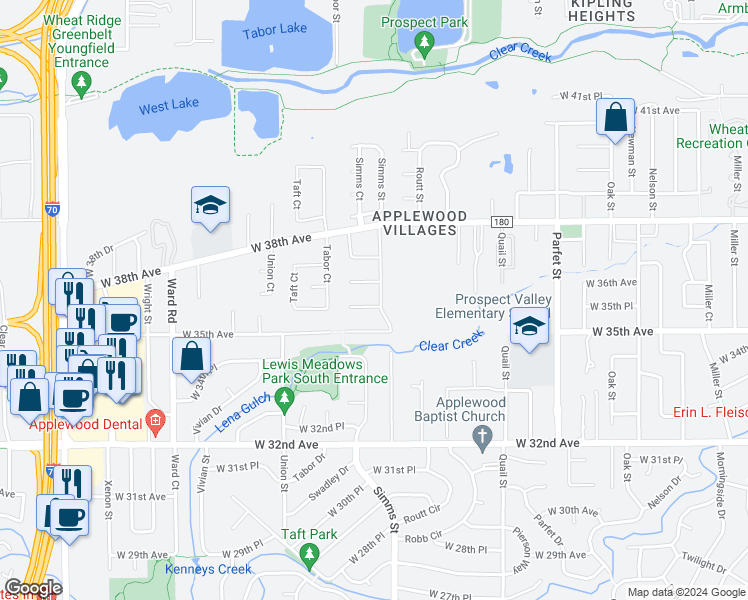 map of restaurants, bars, coffee shops, grocery stores, and more near 3633 Simms Street in Wheat Ridge