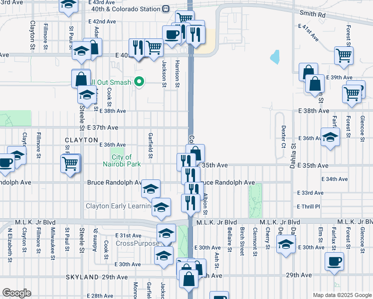 map of restaurants, bars, coffee shops, grocery stores, and more near 3546 Harrison Street in Denver