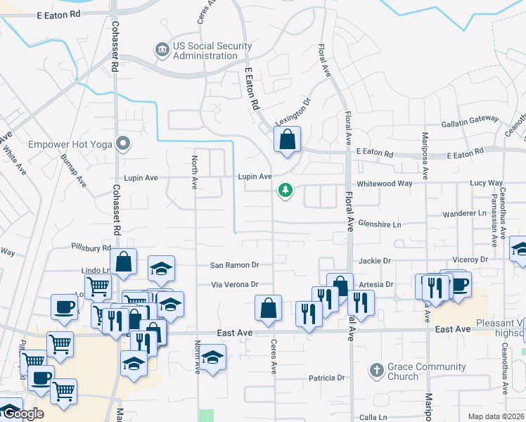 map of restaurants, bars, coffee shops, grocery stores, and more near 3 Hemming Lane in Chico