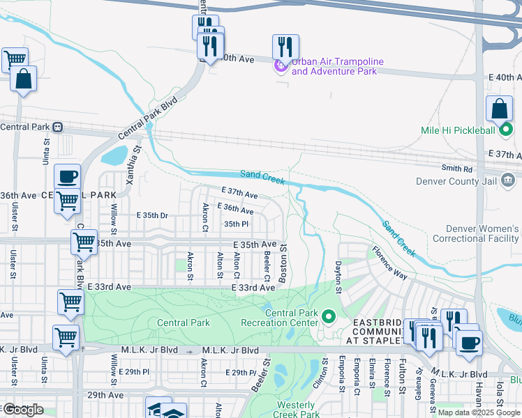 map of restaurants, bars, coffee shops, grocery stores, and more near 3587 Boston Street in Denver