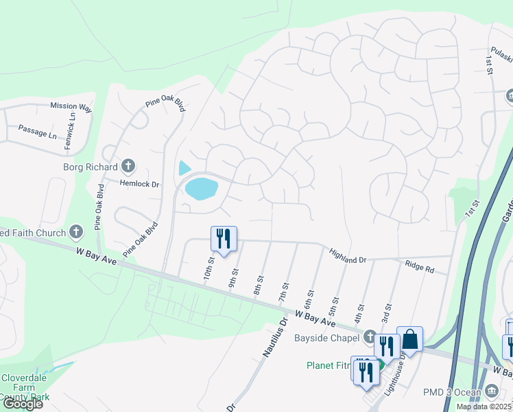 map of restaurants, bars, coffee shops, grocery stores, and more near 9 Clear Lake Court in Barnegat Township