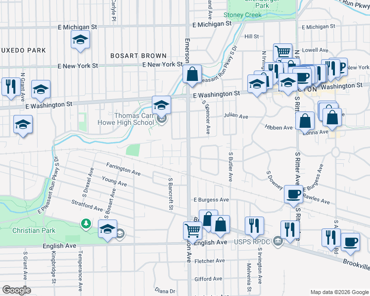 map of restaurants, bars, coffee shops, grocery stores, and more near 226 South Emerson Avenue in Indianapolis