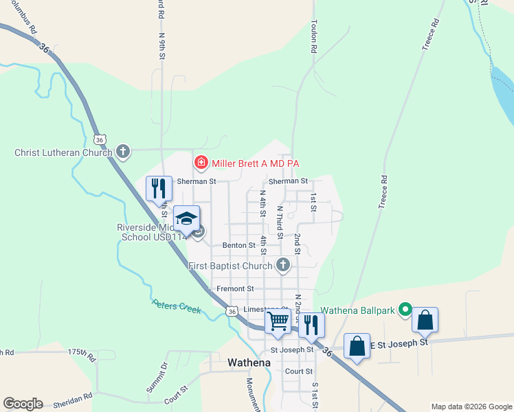 map of restaurants, bars, coffee shops, grocery stores, and more near 750 North 4th Street in Wathena