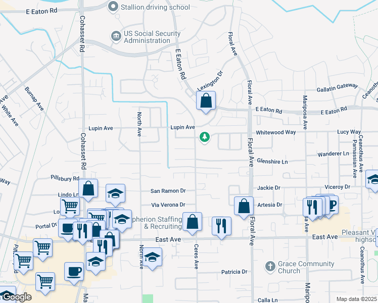 map of restaurants, bars, coffee shops, grocery stores, and more near 3 Hemming Lane in Chico