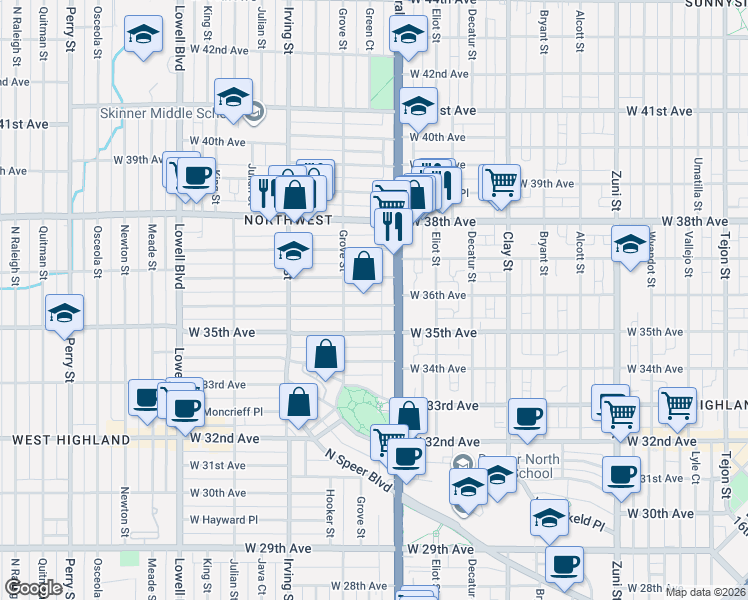 map of restaurants, bars, coffee shops, grocery stores, and more near 3037 West 36th Avenue in Denver