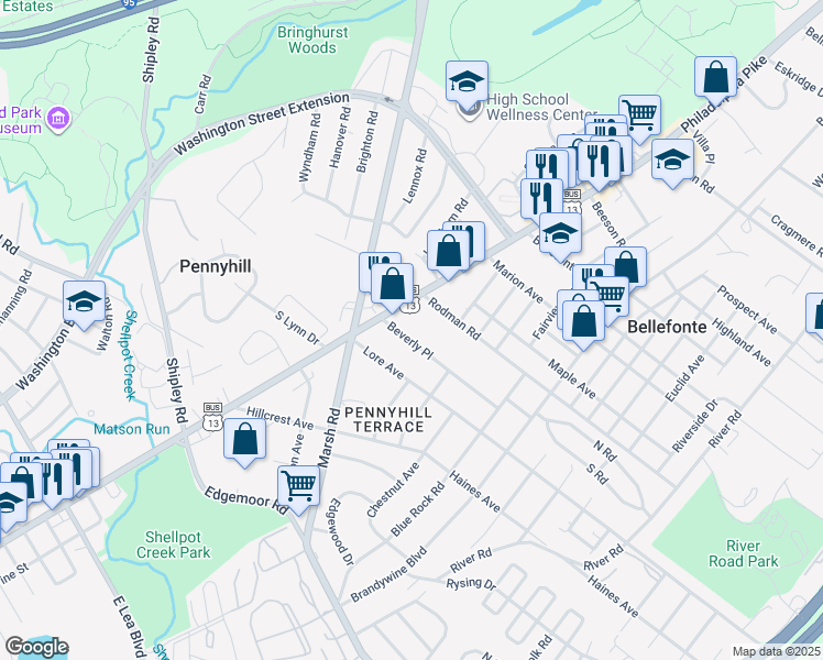 map of restaurants, bars, coffee shops, grocery stores, and more near 11 Beverly Place in Wilmington