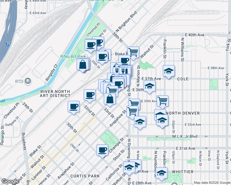 map of restaurants, bars, coffee shops, grocery stores, and more near 1220 35th Street in Denver