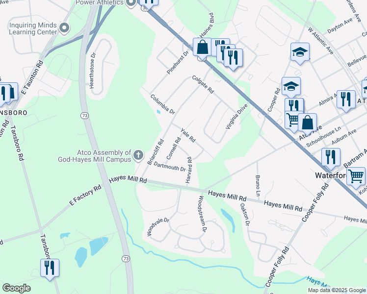map of restaurants, bars, coffee shops, grocery stores, and more near 22 Harvard Road in Atco