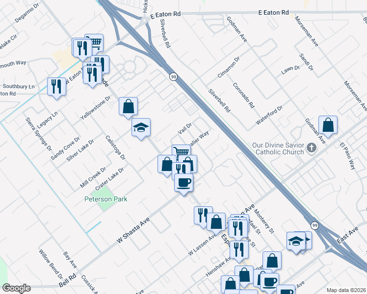 map of restaurants, bars, coffee shops, grocery stores, and more near 3056 Boulder Drive in Chico