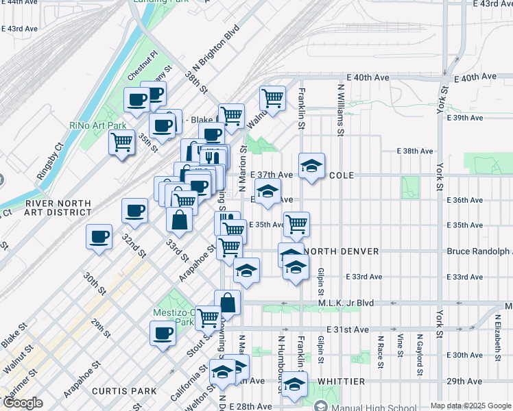 map of restaurants, bars, coffee shops, grocery stores, and more near 3539 North Lafayette Street in Denver