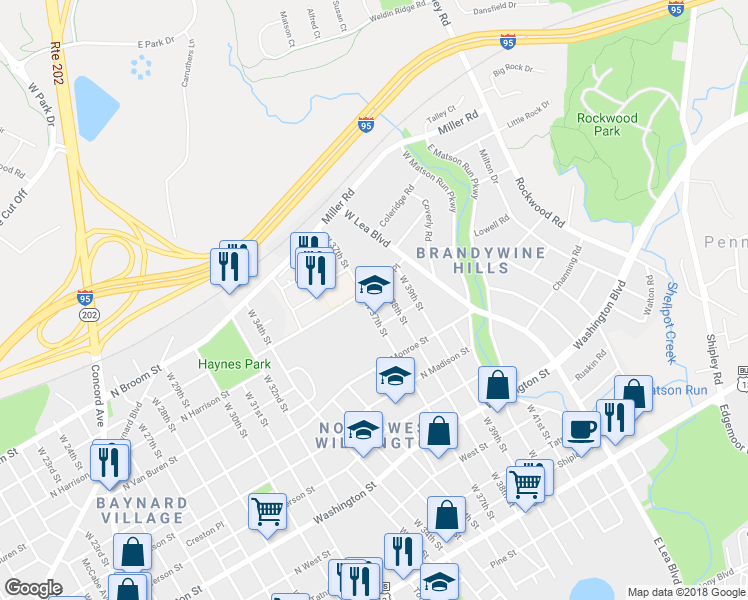map of restaurants, bars, coffee shops, grocery stores, and more near 717 West 37th Street in Wilmington