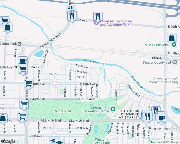 map of restaurants, bars, coffee shops, grocery stores, and more near 3587 Boston Street in Denver