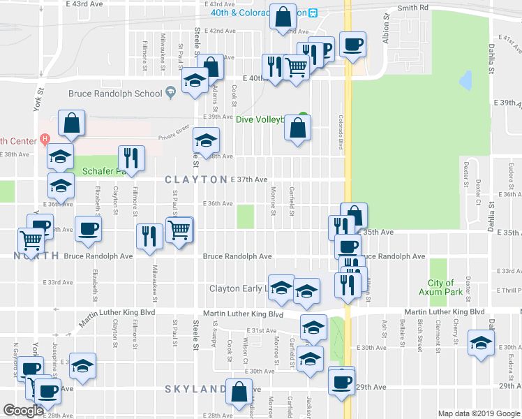map of restaurants, bars, coffee shops, grocery stores, and more near 3548 Madison Street in Denver