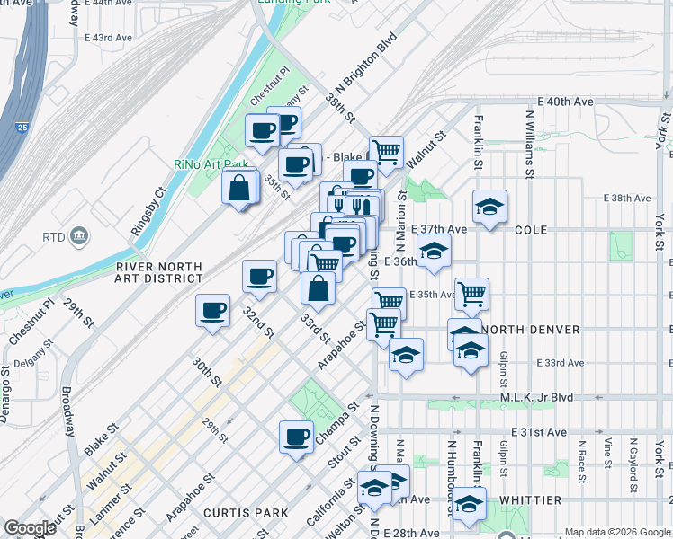 map of restaurants, bars, coffee shops, grocery stores, and more near 1220 35th Street in Denver