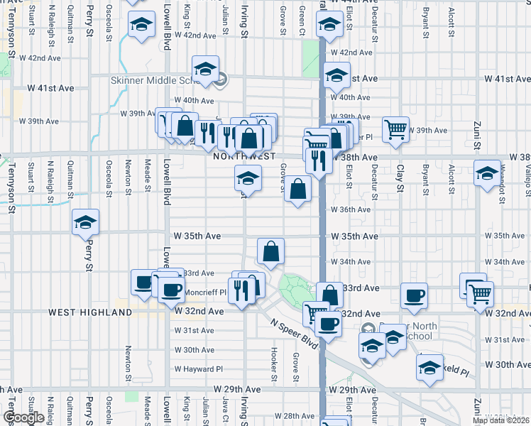 map of restaurants, bars, coffee shops, grocery stores, and more near 3131 West 36th Avenue in Denver