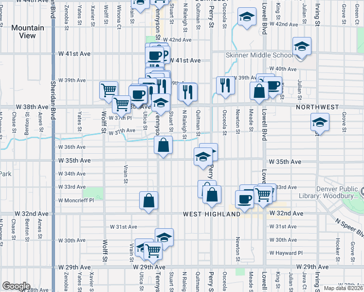 map of restaurants, bars, coffee shops, grocery stores, and more near 3541 Raleigh Street in Denver