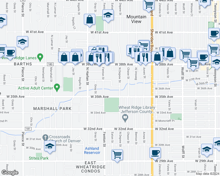 map of restaurants, bars, coffee shops, grocery stores, and more near 3590 Fenton Street in Wheat Ridge