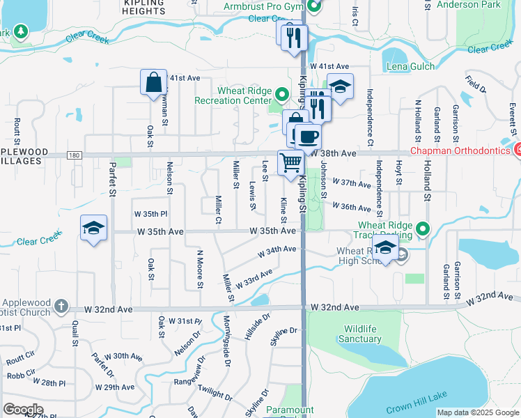 map of restaurants, bars, coffee shops, grocery stores, and more near 3550 Lewis Street in Wheat Ridge