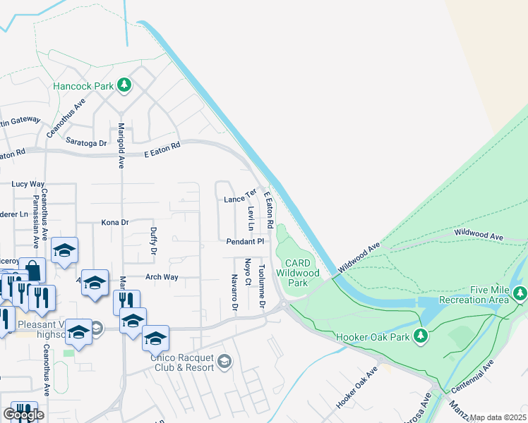 map of restaurants, bars, coffee shops, grocery stores, and more near 3491 East Eaton Road in Chico