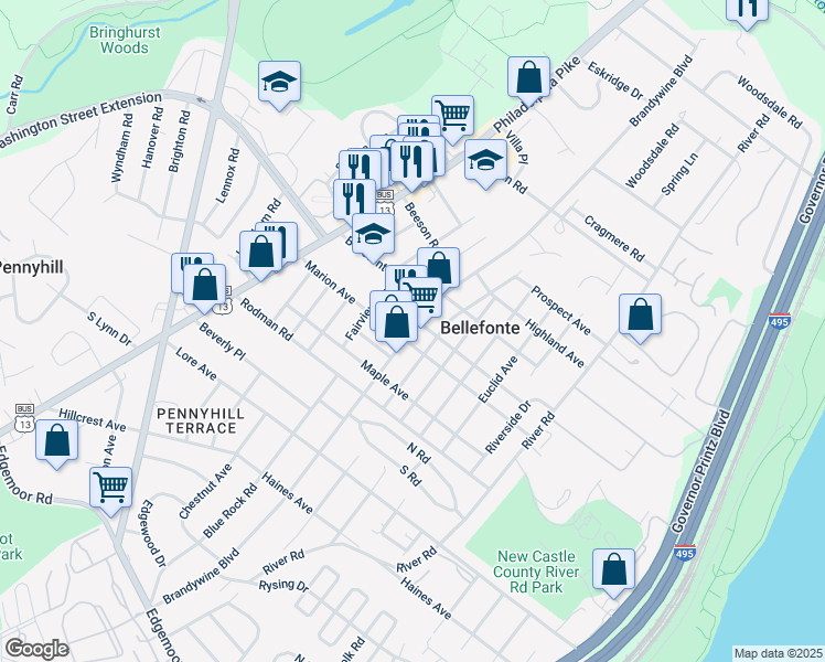 map of restaurants, bars, coffee shops, grocery stores, and more near 906 Brandywine Boulevard in Wilmington